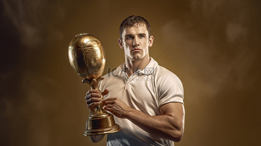 3D 合成图像，其中一名橄榄球运动员自豪地拿着奖杯和球