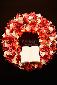 圣诞花环红色背景图片_带有空白白色便条的红色和白色大花环