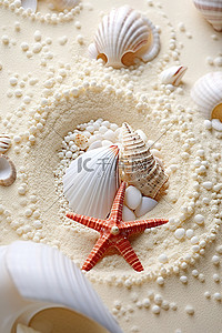 贝类背景图片_一块白色的沙子，上面有贝壳