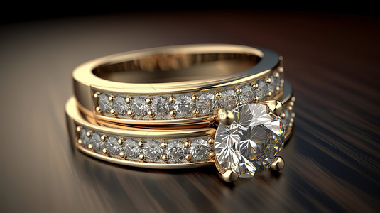 订婚戒指和结婚戒指的黄金 3D 渲染