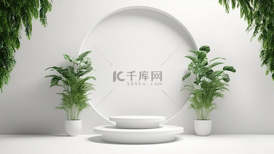 3D 渲染白色讲台，带有拱门和绿叶，在简约的房间内用于产品展示