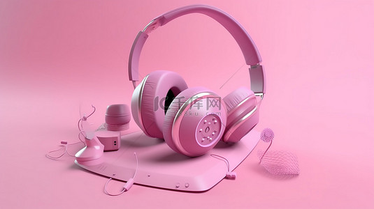 在 3D 渲染中使用耳机和音乐播放器创建音乐氛围粉红色背景