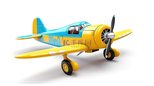 复古黄色和蓝色两座飞机，具有孤立的白色背景，具有使用 3D 渲染创建的低角度视图