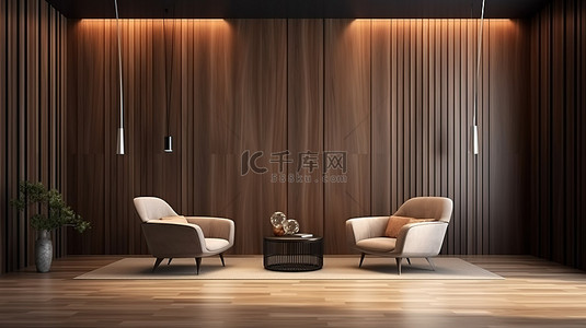 木质木质背景图片_现代走廊拥有扶手椅和木质墙板 3D 渲染