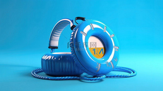 时间音乐背景图片_概念场景中带有蓝色闹钟和耳机的充气环的 3D 渲染