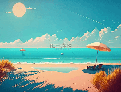 彩色背景海边背景图片_遮阳伞蓝天云朵海边沙滩背景