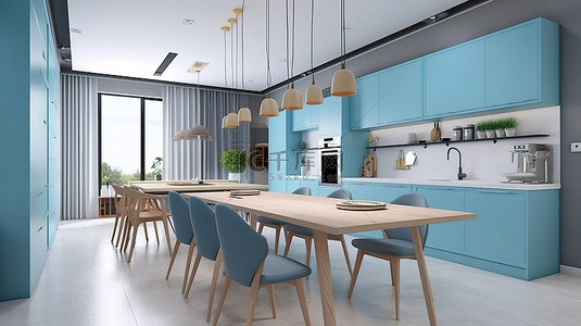 蓝色窗户背景图片_现代厨房设计与 3D 渲染中的蓝色用餐区