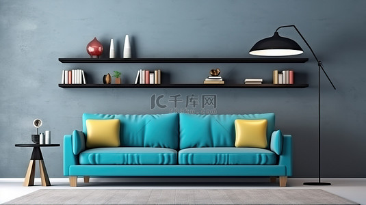家居沙发简约背景图片_简约客厅模型中当代蓝色沙发落地灯和架子的 3D 渲染