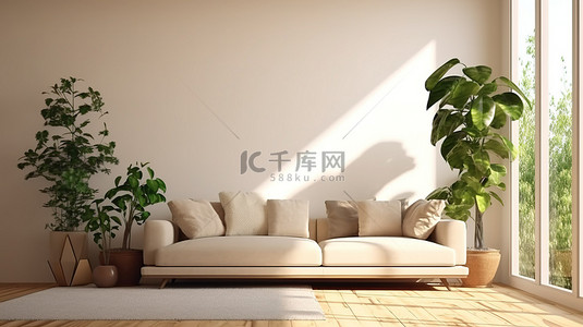 阳光明媚的客厅的 3D 插图，配有沙发盆栽咖啡桌木落地灯和宽敞的窗户