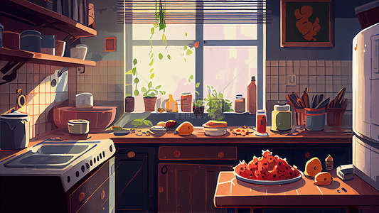 水果厨房背景背景图片_厨房水果可爱插画背景