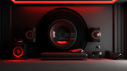 现代黑色房间配有红色扬声器系统和老式时钟 3D 渲染