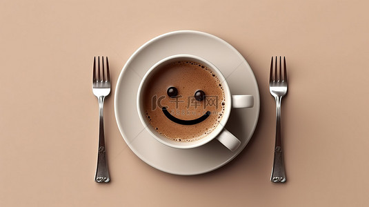 由巧克力制成的卡通脸微笑在一个盘子上，周围是叉子和刀子，两杯咖啡在框架中从顶部进行 3D 渲染