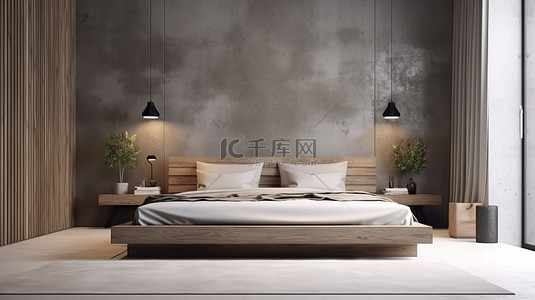 木材家居场景背景图片_现代卧室设计融合了混凝土和木材逼真的 3D 场景渲染和插图