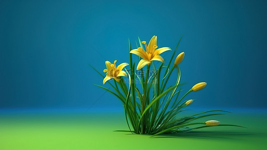 蓝色花田背景图片_3d 渲染的蓝色背景，孤立的黄色花朵在郁郁葱葱的绿草中绽放