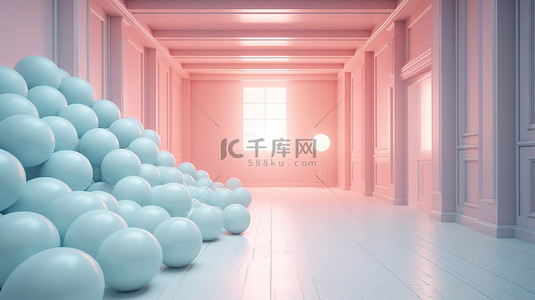 发光的球照亮了柔和的粉彩 3d 渲染房间
