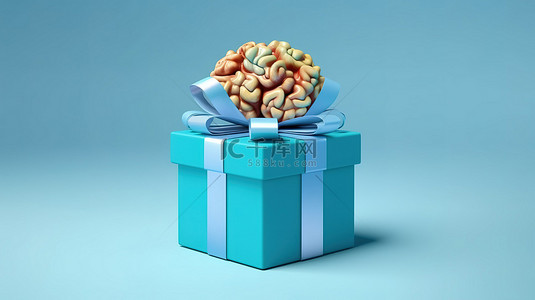 蓝色背景下充满大脑的礼品盒的创新礼品创意 3D 渲染