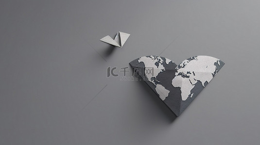 在灰色背景 3D 渲染下，纸飞机在全球范围内传播爱