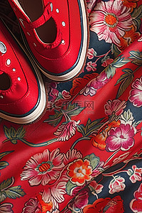 韩国传统图案背景图片_带有精美图案的红布鞋