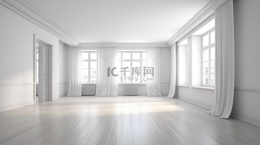 3D 渲染宽敞的简约内饰，白色墙壁，没有家具