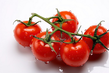 圣女果番茄背景图片_白色背景上有滴水或水滴的一堆番茄