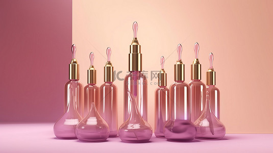 金色和紫色血清吸管瓶，在柔和的粉红色背景 3d 渲染上带有粉红色讲台