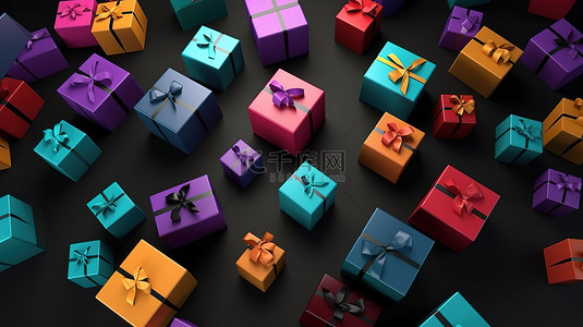生日促销背景图片_深色背景样机上的各种礼物俯视节日礼物赠送创意黑色星期五促销 3D 渲染