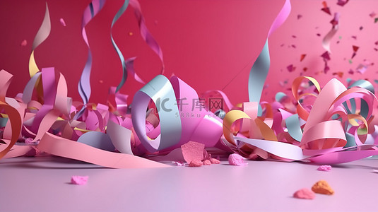 节日盛会 3d 粉红色背景与抽象五彩纸屑和多彩多姿的丝带