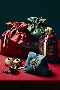青瓷背景图片_桌子上的中国丝绸小袋