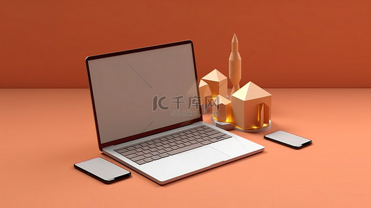 空白屏幕笔记本电脑和手机的 3D 卡通样机插图