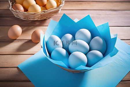鸡蛋篮子背景图片_鸡蛋放在桌子上的篮子里，旁边是一张蓝纸