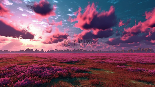 图家背景图片_雄伟的日落下令人惊叹的风景连绵起伏的田野，粉红色的云朵令人愉悦地着色 3D 插图