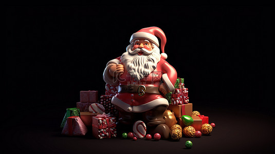 节日 3d 圣诞老人与圣诞树袋的礼物和糖果