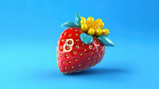 充满活力的黄色背景上蓝色草莓的 3D 渲染