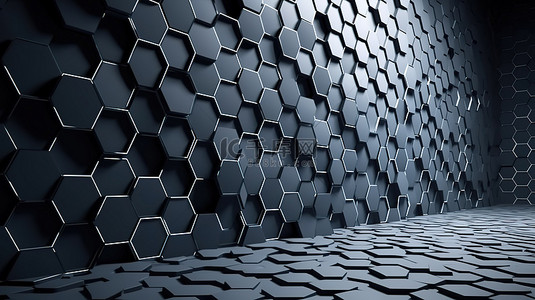 3D 渲染中的当代墙壁设计六角形网格图案