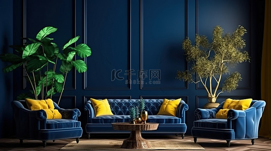 宽敞的休息区配有钴扶手椅和黄色沙发，内饰经典，配有深蓝色墙壁 3d 渲染