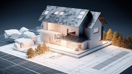 建筑和景观模型，带有蓝图能源效率图表等，以 3D 渲染方式呈现