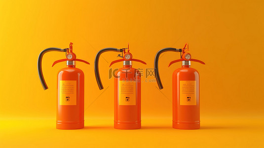 消防安全火焰背景图片_黄色背景下孤立的橙色灭火器的 3d 渲染