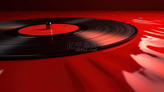 红色背景展示 3D 黑胶唱片渲染