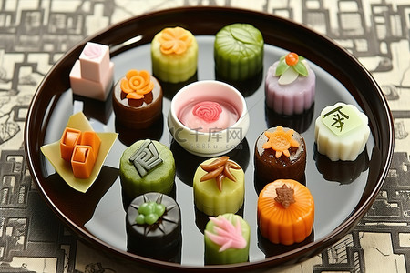 传统的韩国甜点因其五彩缤纷的甜点和盘子上的传统汉字书写而获得巨大成功