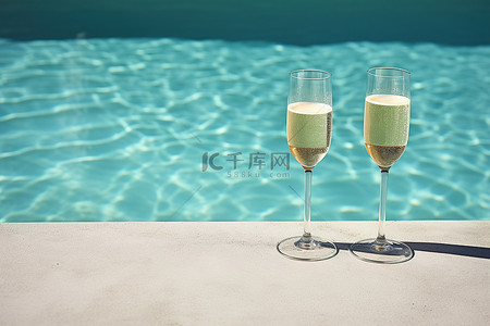 水池里的水背景图片_泳池里的香槟杯