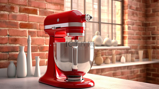 蛋糕红色背景图片_砖墙前带有空白框架的红色厨房立式食品搅拌机的 3D 渲染特写
