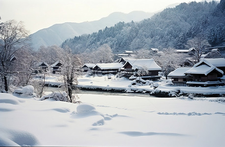 山上的一个村庄被白雪覆盖