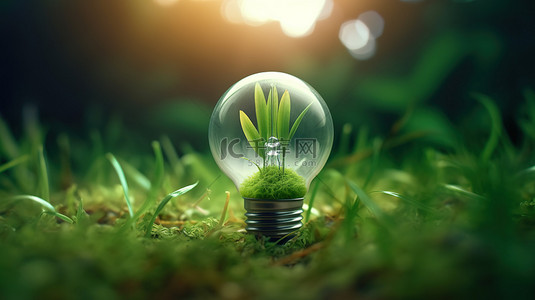 节能灯泡绿色背景图片_生态友好灯泡与绿叶草 3D 渲染节能概念