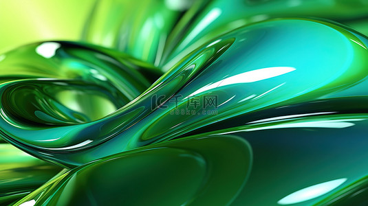 具有抽象纹理和光泽饰面的闪闪发光的绿色玻璃波的 3D 渲染