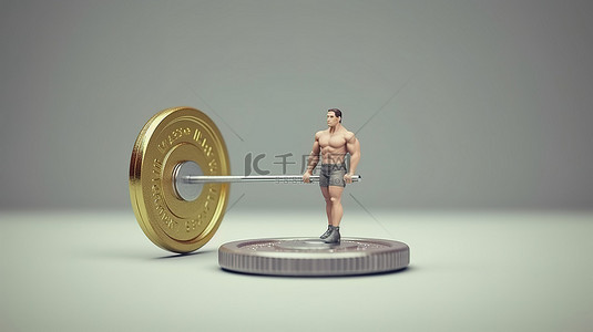 一个肌肉发达的人举起印度卢比货币制成的重杠铃的 3D 插图