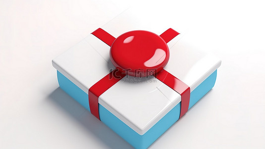 隔离在白色背景 3D 渲染的白色方形按钮图标上，带有带有蓝色蝴蝶结的红色礼物