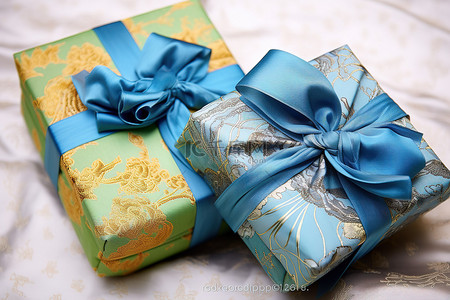 塞满的礼物背景图片_两个蓝色和绿色的礼盒，里面塞满了蓝色和绿色的中国丝绸面料