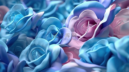 粉色渐变花瓣背景图片_柔和的蓝色卷发和柔和的波纹，3D 渲染的玫瑰花瓣