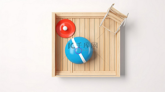 躺椅背景图片_木板的顶视图 3D 渲染，白色背景上有蓝色躺椅沙滩球和救生圈