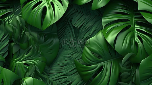 马背上的人背景图片_郁郁葱葱的绿色蔬菜背景上龟背竹叶的 3D 插图